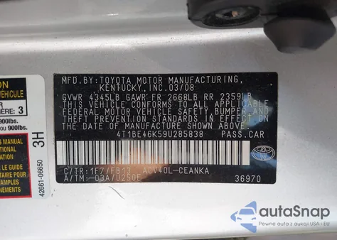 2009 Toyota Camry Le из США, поврежденный, VIN 4T1BE46K59U285838